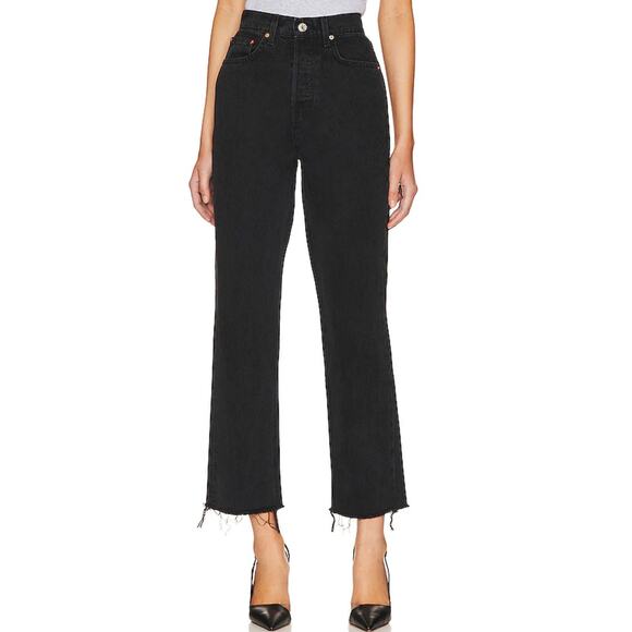 GRLFRND X Revolve Cassidy Frayed Mid-rise Straight-leg Jeans In Black. Size 26 - Picture 1 of 7